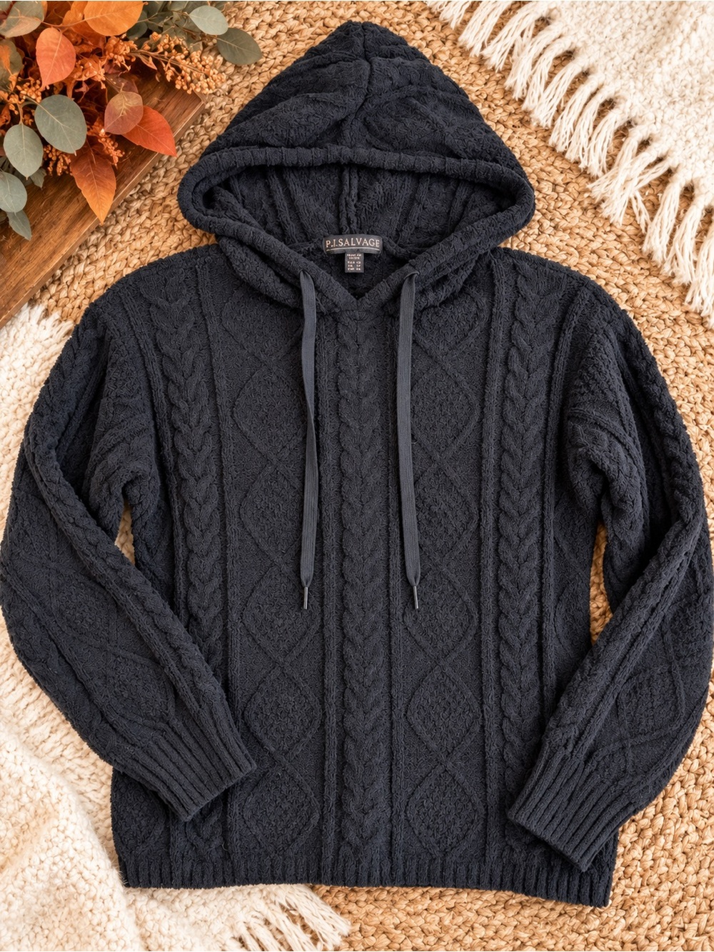 P.J. Salvage Black Chenille Cable Knit Hoodie Sweater XS